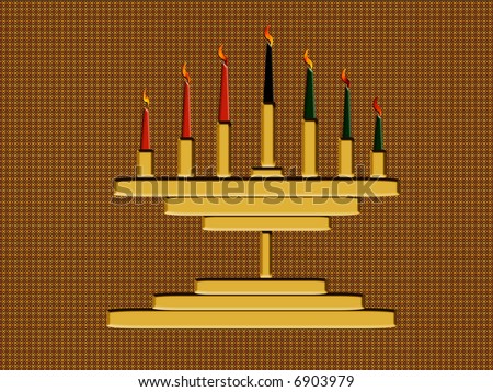 Gold candleholder with red, green and black candles for Kwanzaa celebration; computer illustration on traditional African American print