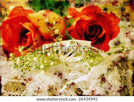 Vintage look roses on lace with wedding bands and distressed grunge finish.