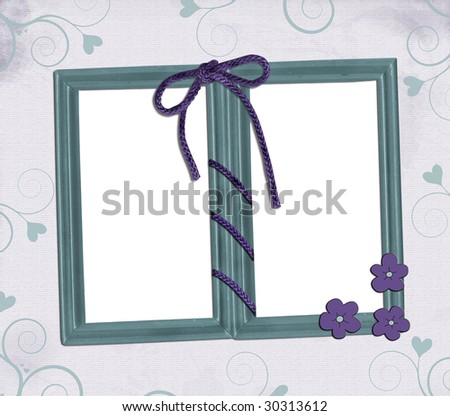 Teal blue double picture frame tied with purple ribbon with swirl background.