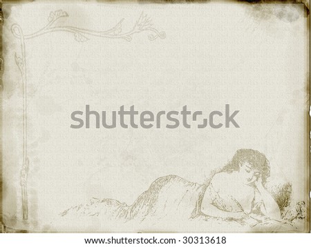 Textured parchment look paper with distressed edges and vintage woman faded into bottom.
