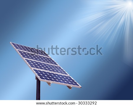 Solar panel isolated on blue sky gradient with sun rays