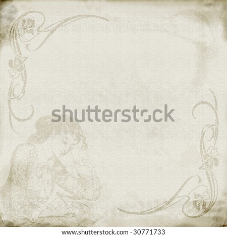 Textured parchment look paper with distressed edges and vintage woman writing faded into design.
