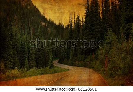 Rural country winding road with tall evergreens lining both sides with dirty grunge effect.