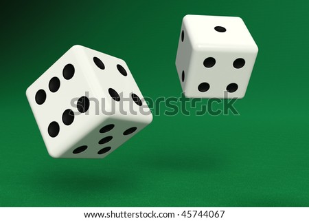 Two dice on green felt with clipping path