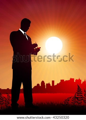 businessman at work on sunset background Original Vector Illustration Business People on Sunset Background