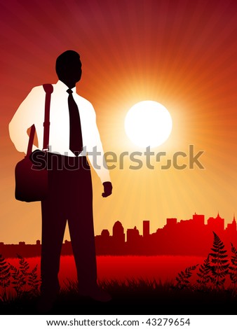 Traveling Businessman on sunset background Original Vector Illustration Business People on Sunset Background