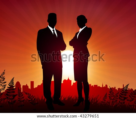 Businessman and Businesswoman on sunset background Original Vector Illustration Business People on Sunset Background