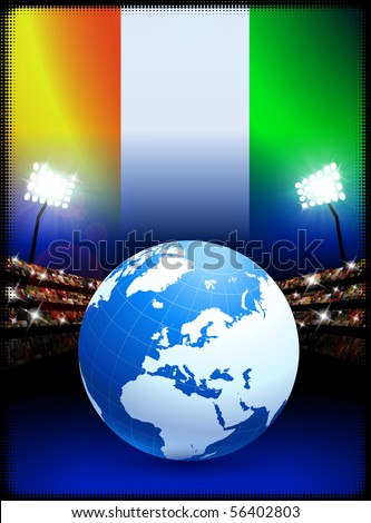 stock vector : Ivory Coast Flag with Globe on Stadium Background Original 