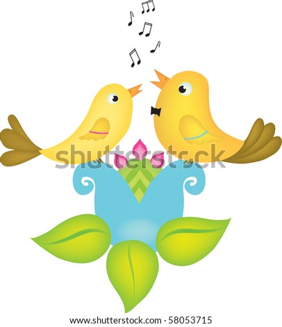 Vector illustration of two little birds singing  stock vector