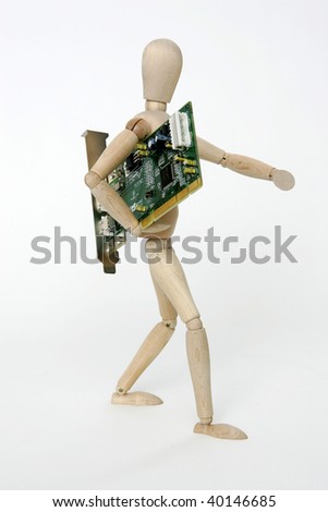 Jointed doll with computer circuit board, isolated on white background