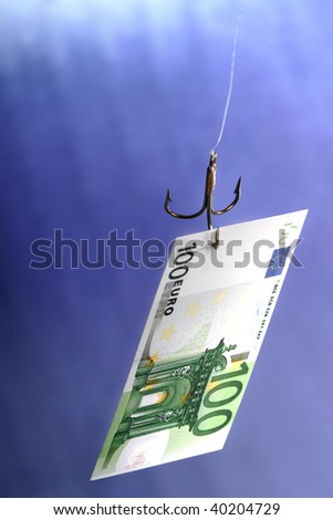 Hundred euro note hanging on a fishing rod