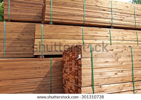 stack of wooden terrace planks at the lumber yard