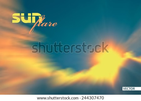 Bright flare of sun, quickly hiding behind the clouds. Vector
