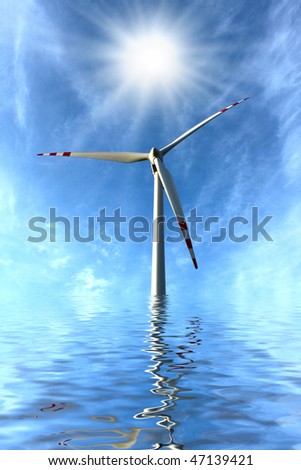 Wind turbine, water and a blue sky. Clean energy concept.