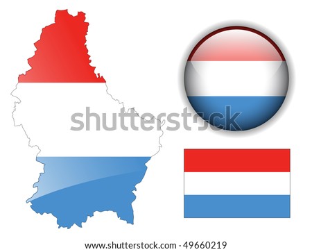 stock vector : Luxembourg flag, map and glossy button, vector illustration