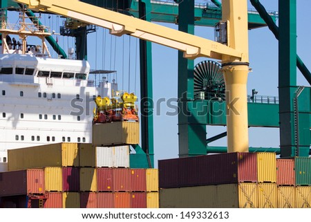 Harbor crane lifting a sea container from a ship
