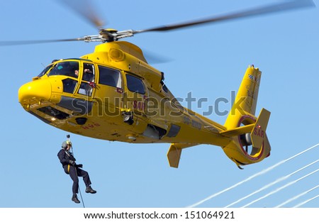 ROTTERDAM, HOLLAND - SEPTEMBER 7: Demonstration of a rescue operation by helicopter during the World Harbor Days in Rotterdam, Holland on September 7, 2012