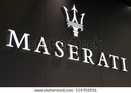 FRANKFURT GERMANY SEP 13 Maserati sign at the IAA motor show on Sep 13 2013 in Frankfurt More than 1.000 exhibitors from 35 countries are present at the world's largest motor show FRANKFURT GERMANY SEP 13 Maserati sign at the IAA motor show on Sep 13 2013 in Frankfurt More than 1.000 exhibitors from 35 countries are present at the world's largest motor show