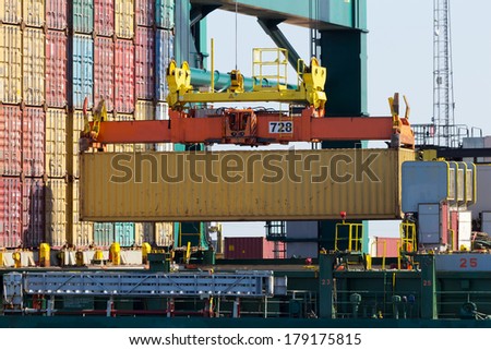 harbor crane lifting a sea container into a cargo ship