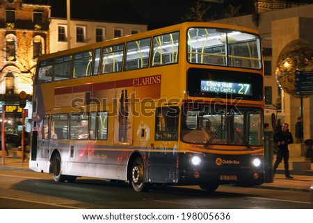 DUBLIN, IRELAND - FEB 15: A Dublin city bus on Feb 15, 2014 in Dublin, Ireland. Dublin is a popular tourist destination with 6.5 million visitors from overseas in 2012.