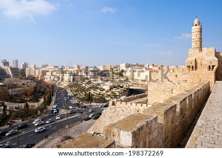 JERUSALEM - JAN 24: View from the old city wall of Jerusalem on January 24, 2011. The current city wall has been constructed in the 16th century.