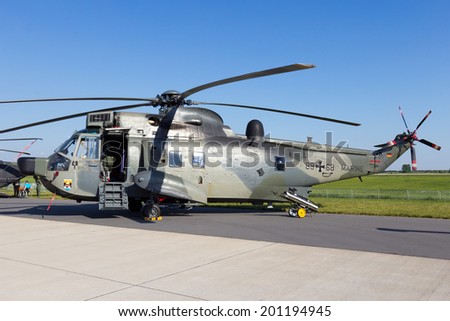 BERLIN, GERMANY - MAY 22: German Navy Sea King rescue helicopter at the International Aerospace Exhibition ILA on May 22nd, 2014 in Berlin, Germany.