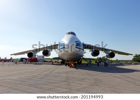 BERLIN, GERMANY - MAY 22: Russian made Antonov An-124 transport plane at the International Aerospace Exhibition ILA on May 22nd, 2014 in Berlin, Germany.