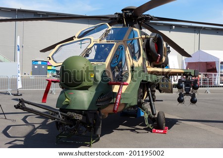 BERLIN, GERMANY - MAY 21: Turkish Aerospace Industries T129 Attack helicopter at the Int. Aerospace Exhibition ILA on May 21st, 2014 in Berlin, Germany. The helicopter is based on the Agusta A129.