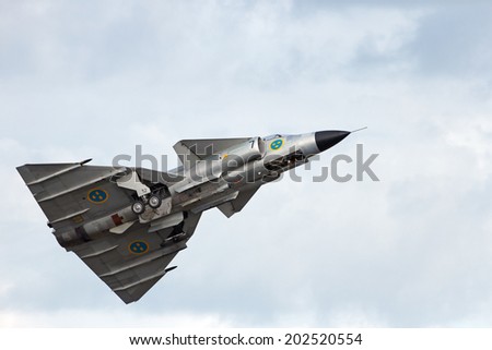 VOLKEL, THE NETHERLANDS - JUNE 15: Swedish Saab 37 Viggen take off at the Dutch Air Force Open Day on June 15, 2013 in Volkel, The Netherlands