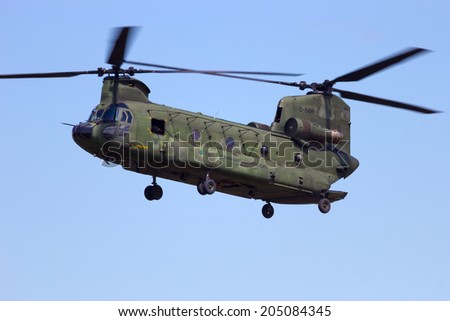 VOLKEL, NETHERLANDS - JUNE 15: Dutch Air Force CH-47 Chinook at the Air Power Demo at Royal Netherlands Air Force Days June 15, 2013 in Volkel, Netherlands.
