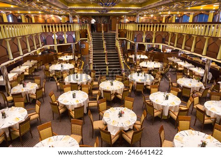 AMSTERDAM - SEP 2: Restaurant on the Costa Fortuna cruise on Sep 2, 2014 in Amsterdam, The Netherlands. The ship is part of a fleet of 17 ships owned by Costa Cruises.