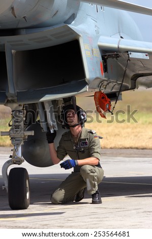 WITTMUND, GERMANY- JUNE 29: Ground crew member is checking a newly arrived Eurofighter Typhoon which has officially replaced the F-4 Phantom on the Phantom Pharewell Day.