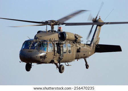 GRAVE, NETHERLANDS - SEP 17: American Black Hawk helicopter takes off at the Operation Market Garden memorial on Sep 17, 2014 Grave, Netherlands. Market Garden was a large Allied operation in 1944.