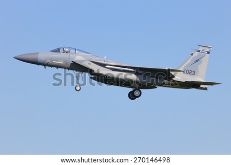 LEEUWARDEN, NETHERLANDS - APRIL 15, 2015: Florida ANG F-15 landing during the exercise Frisian Flag. The exercise is considered one of the most important NATO training events this year.
