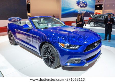 AMSTERDAM - APRIL 16, 2015: New 2015 Ford Mustang at the AutoRAI 2015. The edition is marking the fiftieth anniversary of the Ford Mustang, which was revealed in 1965.