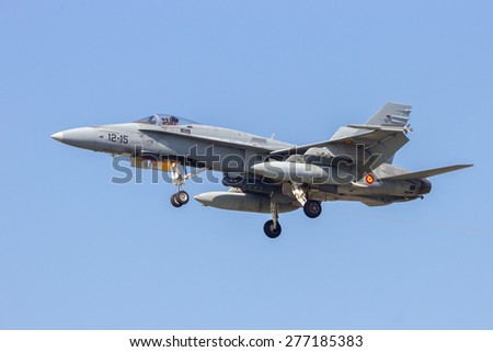 LEEUWARDEN, NETHERLANDS - APRIL 15, 2015: Spanish Air Force F-18 Hornet landing during the exercise Frisian Flag. The exercise is considered one of the most important NATO training events this year.