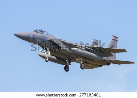 LEEUWARDEN, NETHERLANDS - APRIL 15, 2015: US Air Force F-15 Eagle landing during the exercise Frisian Flag. The exercise is considered one of the most important NATO training events this year.