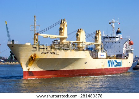 ANTWERP, BELGIUM - JUL 9, 2013: Reefer ship Crown Emerald from NYCool. In 2014 NYKCool became Cool Carriers under new ownership.