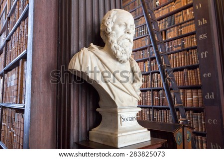DUBLIN, IRELAND - FEB 15: Sculpture of Socrates in Trinity College Library on Feb 15, 2014 in Dublin, Ireland. Trinity College Library is the largest library in Ireland and home to The Book of Kells.