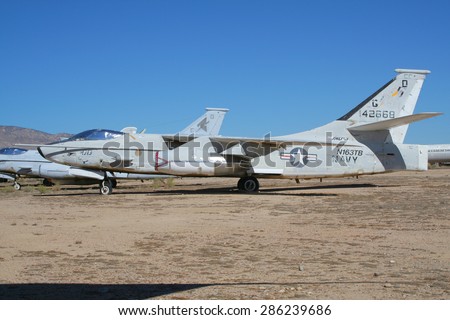 MOJAVE, CALIFORNIA, USA - OCT 10, 2006: A US Navy Douglas A-3 Skywarrior in an aircraft boneyard in the Mojave desert. This aircraft type has been retired by the USN in 1991.
