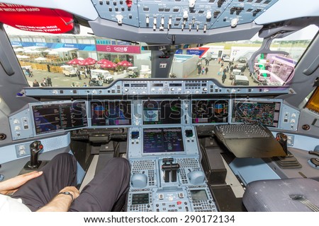 PARIS - JUN 18, 2015: Qatar Airways Airbus A350 XWB cockpit. Qatar Airways is the first user of the A350 with it\'s first flight on 15 January 2015.