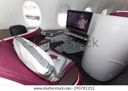 PARIS - JUN 18, 2015: First Class seat in a Qatar Airways Airbus A350. Qatar Airways is the first user of the A350 with it\'s first flight on 15 January 2015.