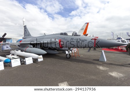 PARIS-LE BOURGET - JUN 18, 2015: Pakistan-made JF-17 Thunder fighter jet at the 51st International Paris Air show. Attending the show resulted in a first-ever order for the JF-17 Thunder jet fighter.