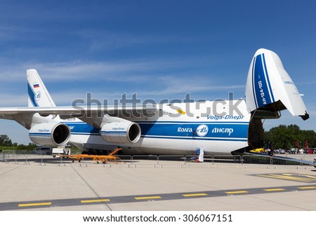 BERLIN, GERMANY - MAY 22, 2014: Russian made Antonov An-124 transport plane at the International Aerospace Exhibition ILA in Berlin, Germany.