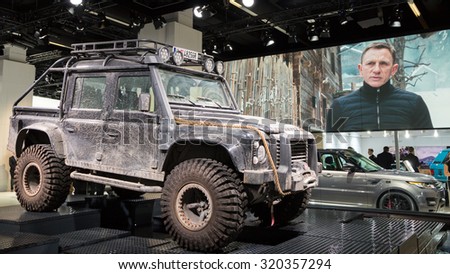 FRANKFURT, GERMANY - SEP 16, 2015: Land Rover Defender at the IAA 2015.  This Land Rover is used in the new James Bond\' Spectre movie.