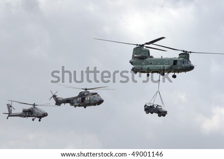 VOLKEL, NETHERLANDS - JUNE 20: Dutch Air Force helicopters participate in the Air Power Demo Royal Netherlands Air Force Days June 20, 2009 in Volkel, Netherlands.
