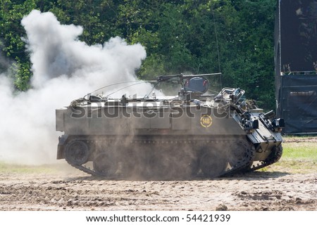 HAVELTE, THE NETHERLANDS - MAY 29: Dutch Army vehicle during an Air Power demonstration at the Dutch Army Days on May 29, 2010 in Havelte, The Netherlands