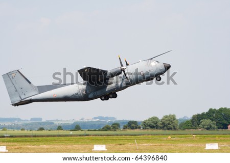 CAMBRAI, FRANCE - JUNE 26: French Air Force C-160 Transall cargo plane take-off during the Cambrai National Airshow on June 26, 2010 in Cambrai, France