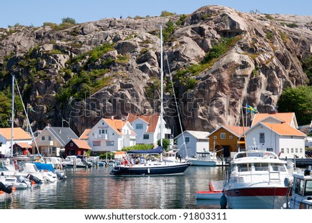 Yachts in a marina at the Swedish fishing village Fjällbacka on the west coast.