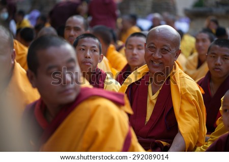 BODHGAYA, INDIA - CIRCA, 2013, DECEMBER. Monlam - the main Buddhists festival of the year. Diamond way lineage of Tibetan buddhism.